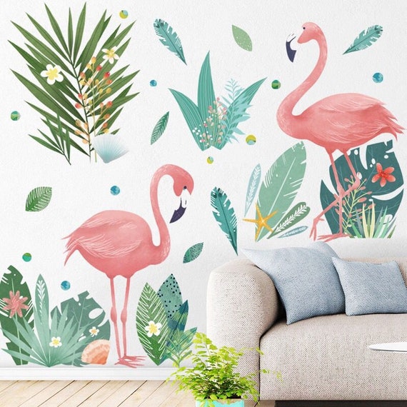 Living Room Home Decor, Removable stickers,Flamingo Wall Decal Watercolor Flamingo Wall Sticker  Tropical Leaves Wall Decal Sticker
