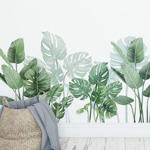 tropical Monstera leaf wall sticker ,dragonfly and birds natural botany Wall mural,living room wall decor,wall decal living room,plant decal
