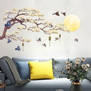 Large magnolia flower wall sticker, tree decal,flower and bird wall sticker,children's room decoration,bedroom living room decal,glass