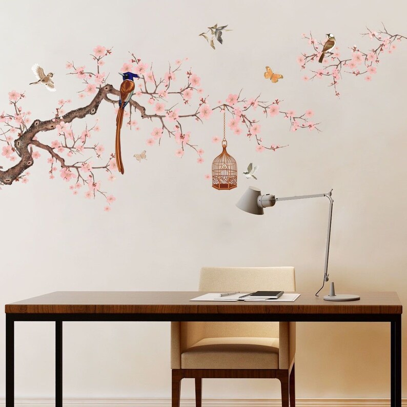 Branch Bird Wall Sticker Flower Wall Stickerspeach Blossom Etsy