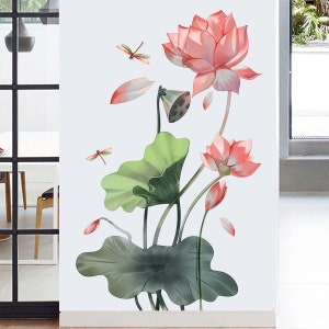 fresh green leaf pink Lotus with carp living room decal,Lotus wall sticker,natural floral vinyl home decor , peel and stick Wall stickers