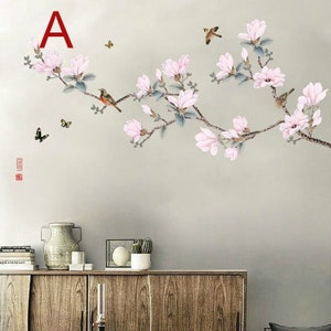 Chinese Wind Pink Peach Flower Wall Stickers Sitting Room TV Background Wall Decal Creative Dining-room Adornment  g294