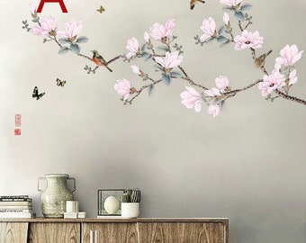 Chinese Wind Pink Peach Flower Wall Stickers Sitting Room TV Background Wall Decal Creative Dining-room Adornment  g294