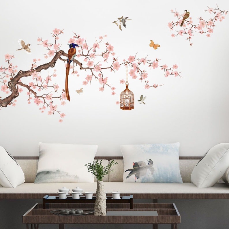 Branch Bird Wall Sticker Flower Wall Stickerspeach Blossom Etsy