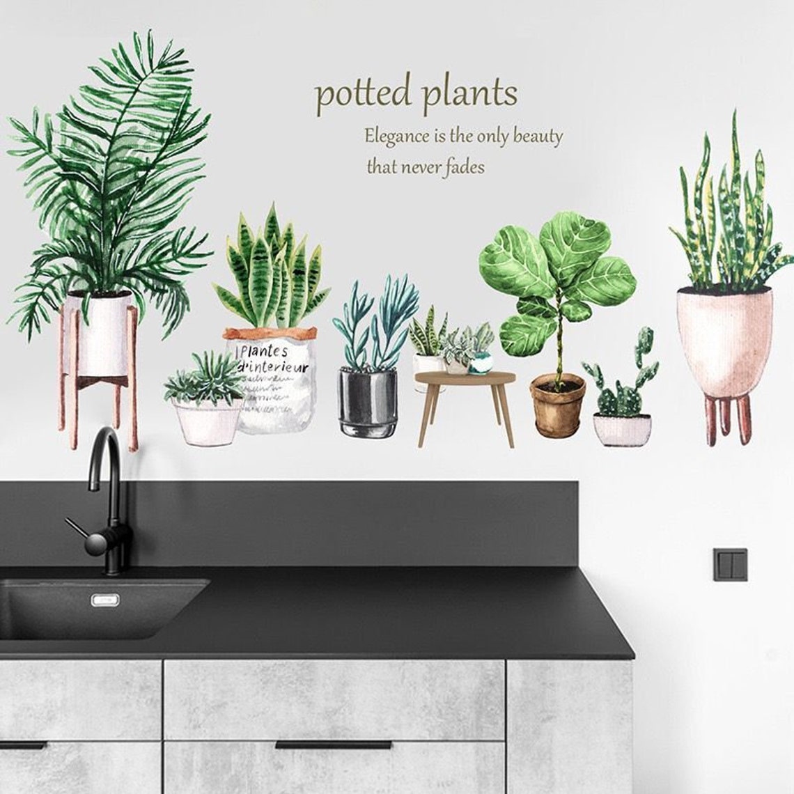 Flower Pot Wall Sticker Pot Vase Plant Tree Leaves Wall Etsy