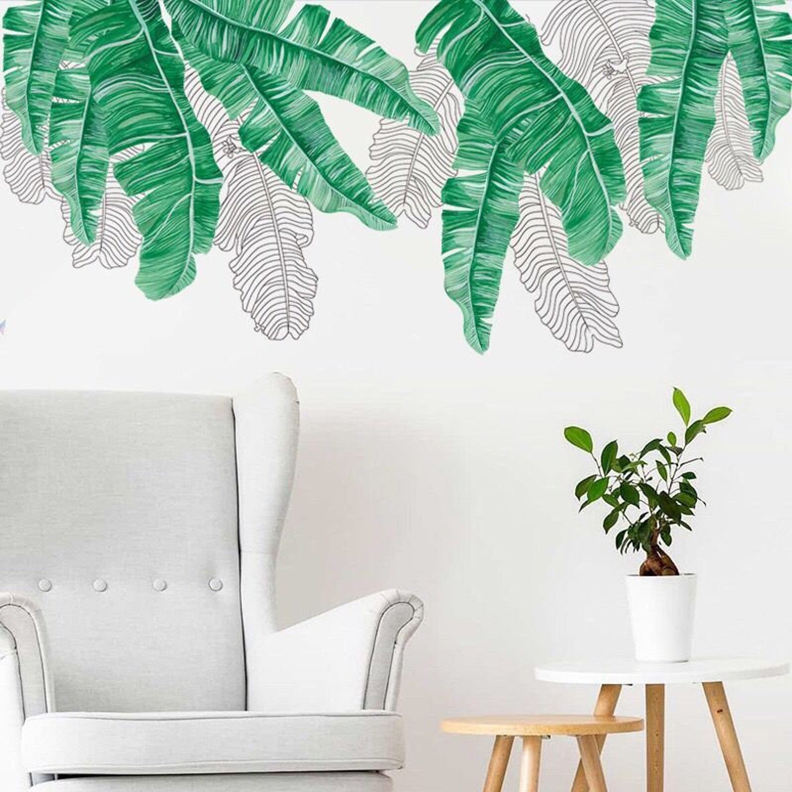 Large Leaf Wall Decals Green Plant Removable Leaves Wallpaper Etsy