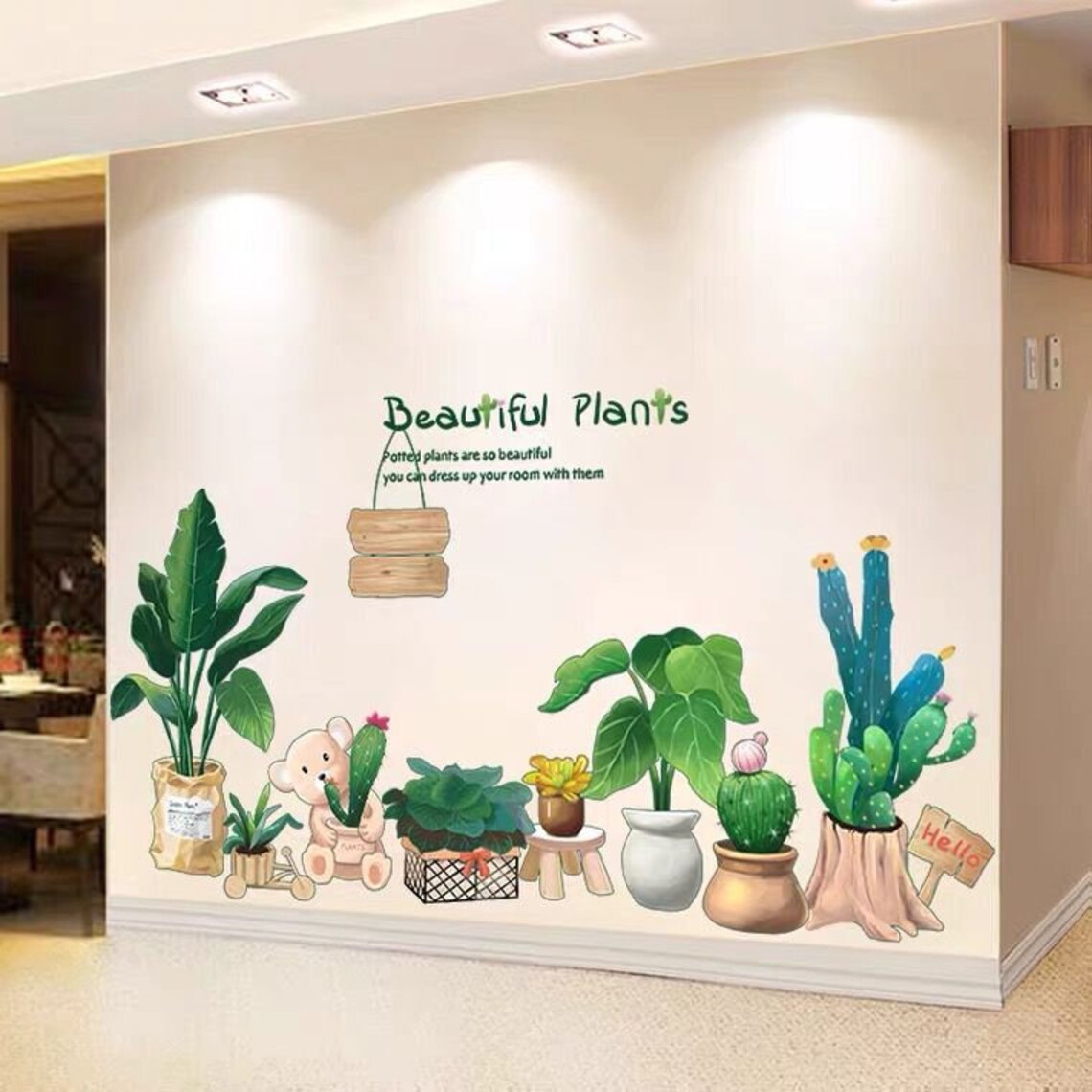 Green Plant Wall Stickers Wall DecalBear and Cactus Wall Etsy