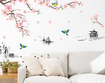 Chinese Wind Pink Peach Flower Wall Stickers Sitting Room TV Background Wall Decal Creative Dining-room Adornment  g294