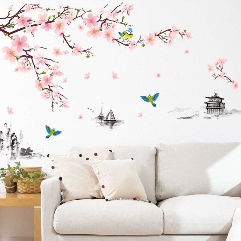 Stickers Muraux Fleurs de Cerisier Rose Autocollants Muraux Mural Stickers  Branche Arbre pour Chambre Salon Mur TV,Multi