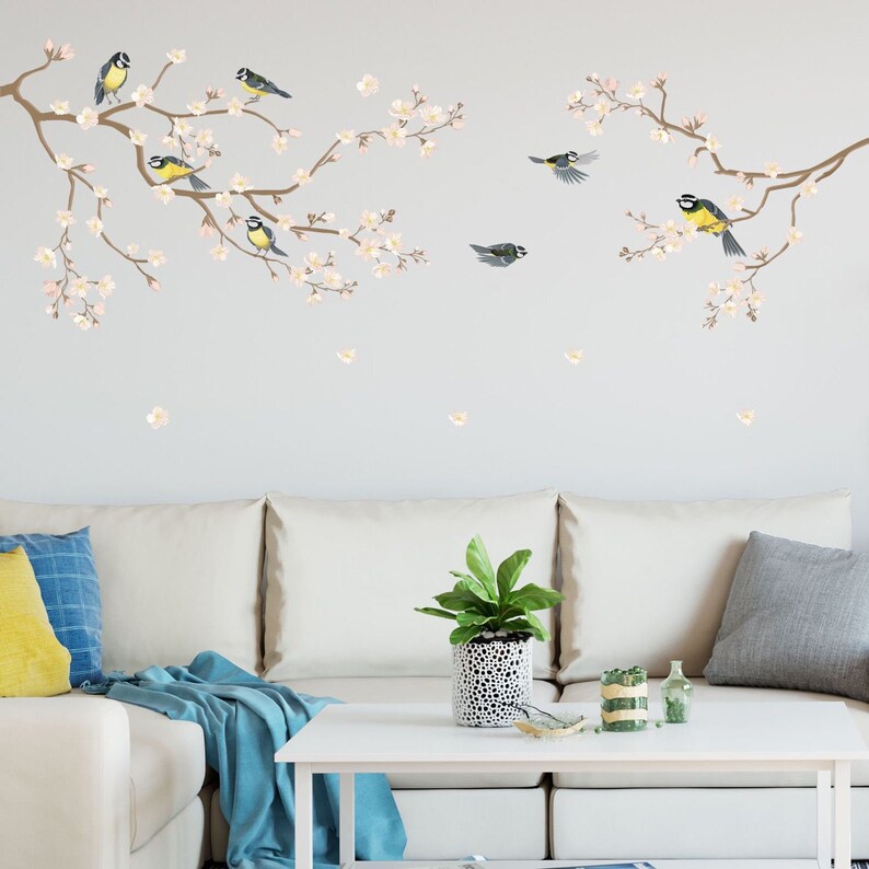 Watercolor Flowers Wall Decals Branches Flowers Birds Etsy