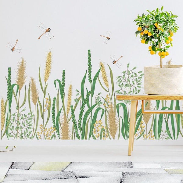 Grass Wall Decor, Reed Flower Wall Sticker,dragonfly with Reed grass,Nursery Wall Decal, Grass Wall Decal border,  Nature Design Wall Mural