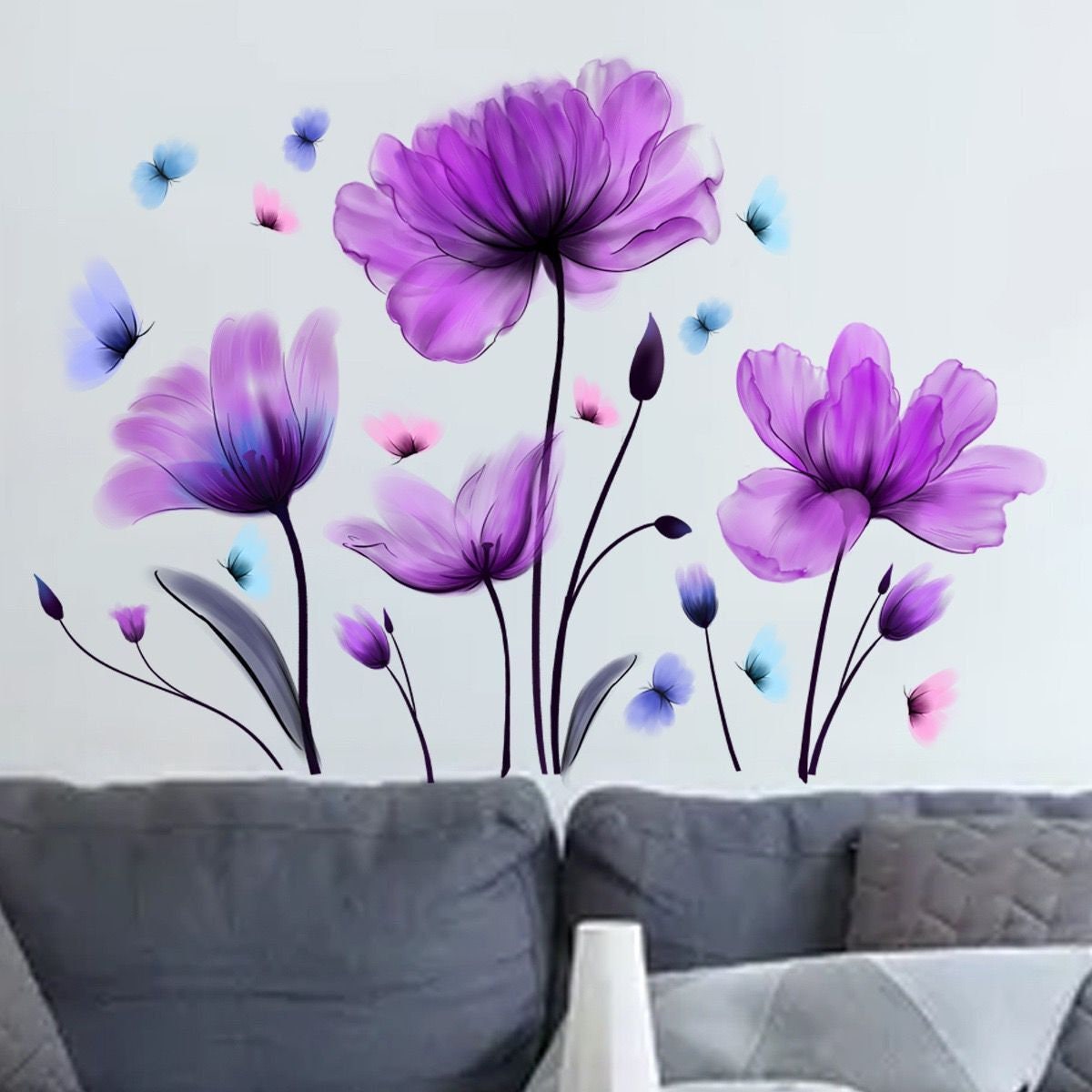 Autocollant de fleurs violettes, autocollant mural de fleurs, autocollant  mural de fleurs élégant, autocollants muraux de fleurs, autocollant mural  en vinyle amovible de pépinière -  France