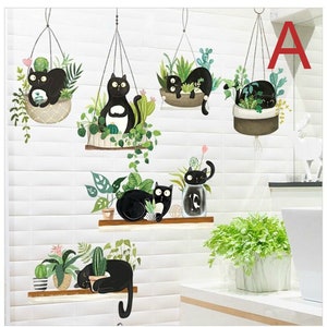 Cat plant wall stickers, black cat decals, hanging plants and cat stickers, wall decoration decals, animal decals