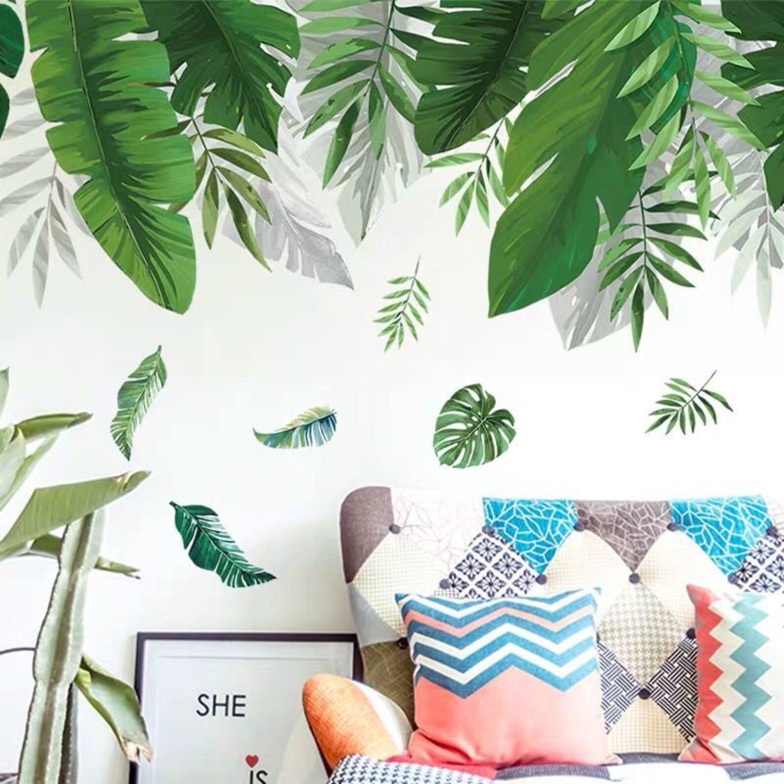 Large Leaf Wall Decals Green Plant Removable Leaves Wallpaper Etsy