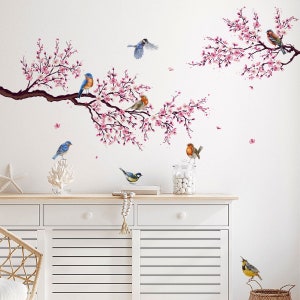 Pink Peach Blossom Decal Branch Flower Sticker Bird Decorative Decal Cute Children's Room Decorative Decal Cabinet Bathroom Glass Decal