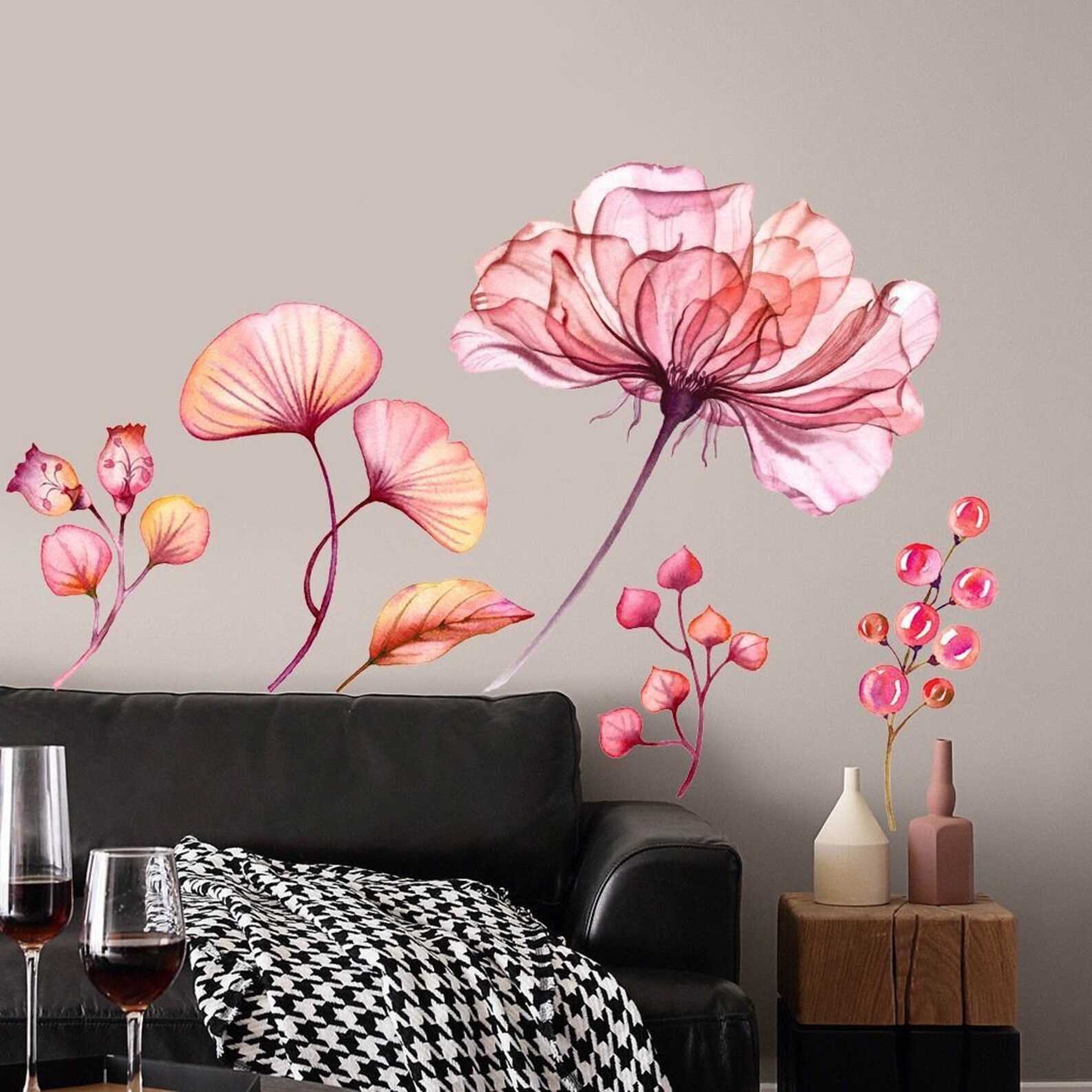 Pink Flower Wall Stickerflower Wall Stickerelegant Flower Etsy