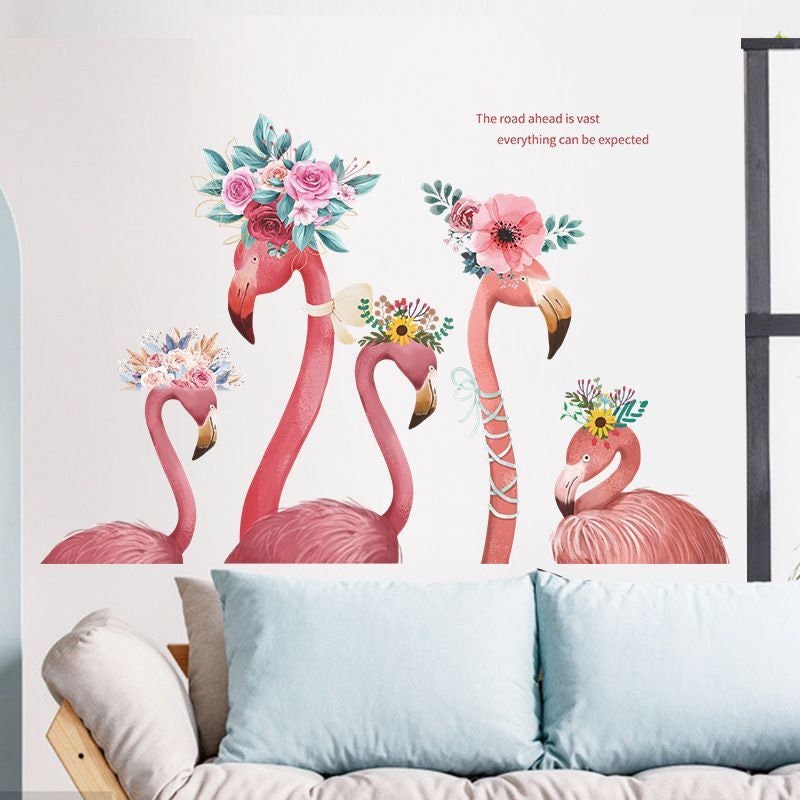 Living Room Home Decor, Removable stickers,Flamingo Wall Decal Watercolor Flamingo Wall Sticker  Tropical Leaves Wall Decal Sticker