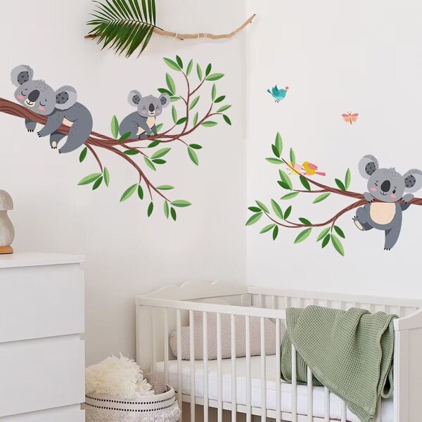 Stickers muraux ours koala, branche d'arbre forestier amovible, sticker animal en tissu pvc Stickers muraux koala mignons, stickers salon chambre