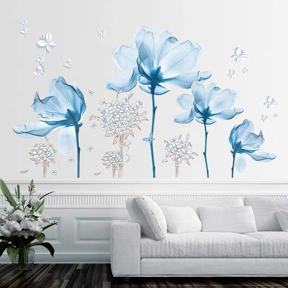 Autocollants muraux Lotus bleu, grands autocollants décoratifs DIY,  décoration de salon, maison, fleurs, Stickers muraux, conception d'art de  chambre à coucher