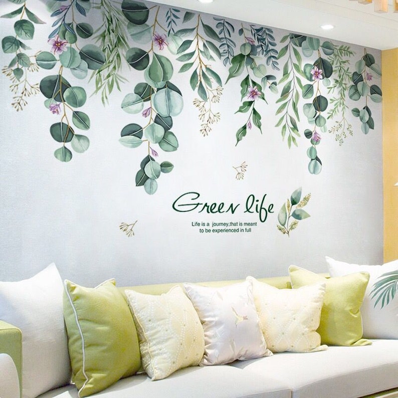 Large Leaf Wall Decals Green Plant Removable Leaves Wallpaper Etsy