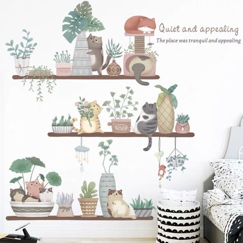 Shelf Flower Pot Wall Stickers Flower Wall Stickers Green Etsy