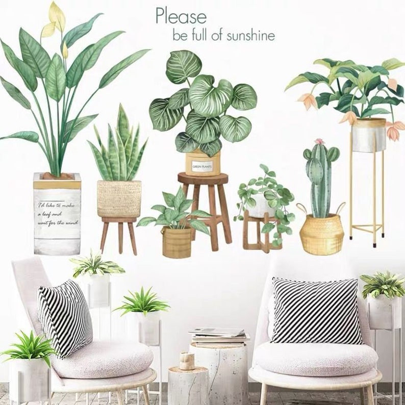 Flower Pot Wall Sticker Pot Vase Plant Tree Leaves Wall Etsy