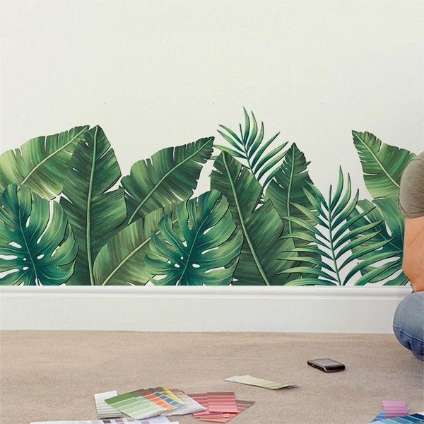 Planta árbol deja pegatinas de pared para la tienda de la casa puerta de la habitación DIY vinilo paredes calcomanías murales, hojas calcomanía de la pared, pegatinas de la planta de papel pintado de acuarela