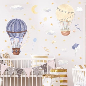 Retro Hot Air Balloons Nursery Wall Decals,Watercolor Clouds Wall Decals,Hot Air Balloon Decoration,Hot Air Balloon Nursery Wall Decor