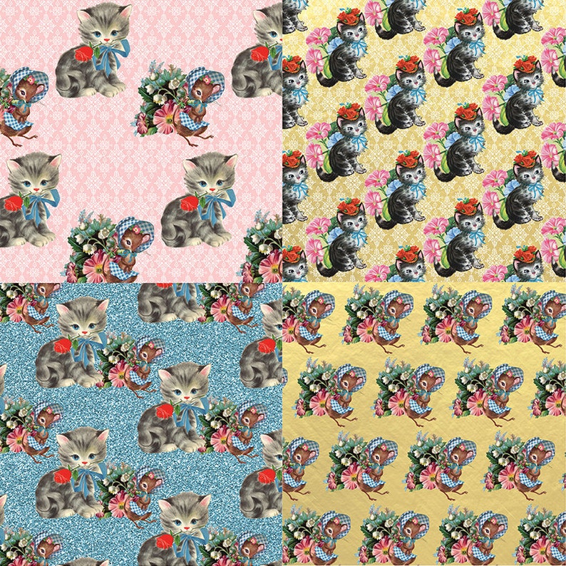 digital cat paper cat mice patterns cat scrapbooking paper pack of 12 high res JPG/'S instant download