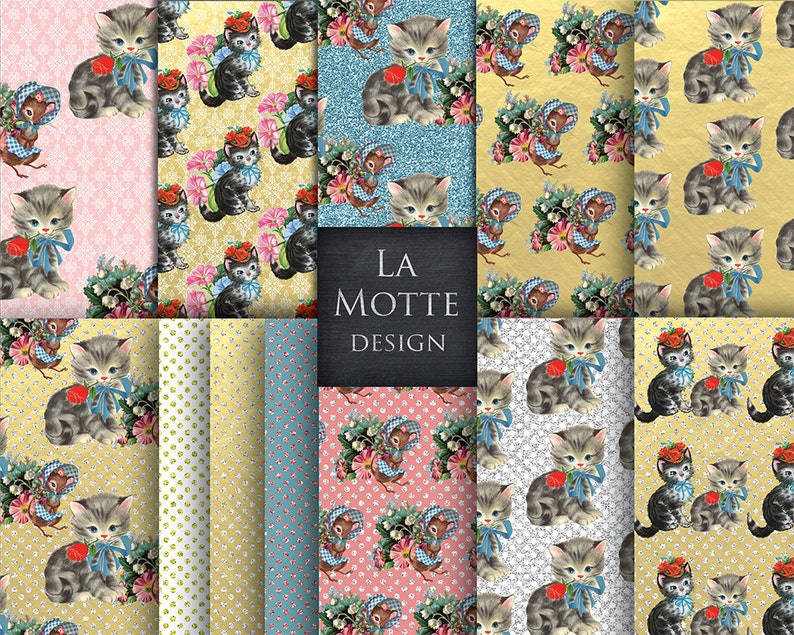 digital cat paper cat mice patterns cat scrapbooking paper pack of 12 high res JPG/'S instant download