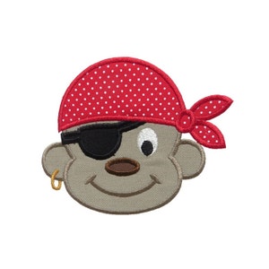 May include: Embroidered patch featuring a cartoon monkey with a pirate theme. The monkey has a red polka-dot bandana, a black eye patch, and a gold earring. The monkey's face is tan with a smiling expression.