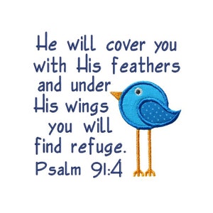 Psalms Refuge Verse Applique Machine Embroidery Digital Design God Bible Scripture Christian Jesus Feathers Wings