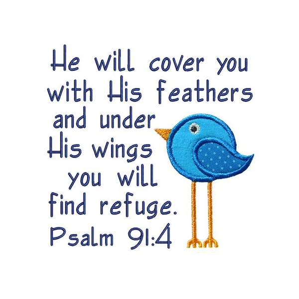 Psalms Refuge Verse Applique Machine Embroidery Digital Design God Bible Scripture Christian Jesus Feathers Wings