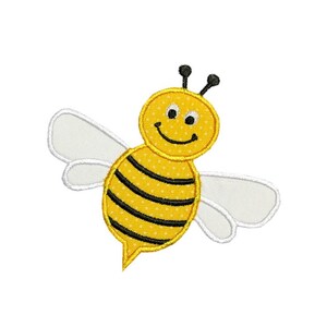 May include: A yellow and black bee with a smiling face and white wings. The bee has black stripes and yellow polka dots.