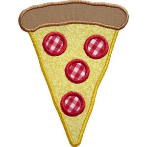 May include: A yellow pizza slice with red and white checkered pepperoni. The crust is brown, and the edges are outlined in yellow. The pizza slice is a fun, food-themed design.