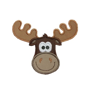 May include: A brown moose head with large, white eyes and a smiling mouth. The moose has large, brown antlers.
