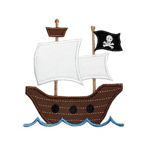 May include: A brown pirate ship with white sails and a black pirate flag with a skull and crossbones. The ship is floating on blue waves.