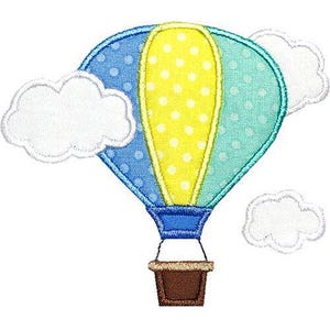 May include: A blue, yellow, and green hot air balloon with white polka dots. The balloon has a brown basket and is surrounded by white clouds.
