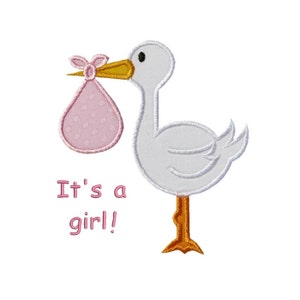 Aplikacja Baby Stork Girl Haft maszynowy Projekt cyfrowy Dostawa Narodziny