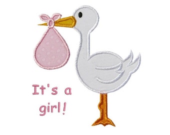 Baby Stork Girl Applique Machine Embroidery Digital Design Delivery Born Birth