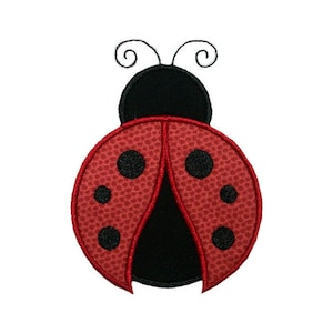 May include: A red ladybug with black spots and antennae. The ladybug is embroidered with a textured design.