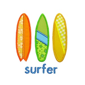 Three Surfboards Applique Machine Embroidery Digital Design Surfer Waves Beach Summer Fun Ocean Sand