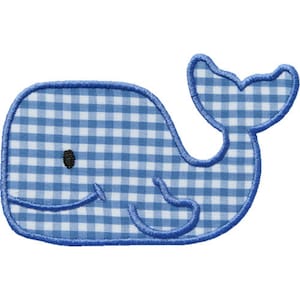 May include: A blue and white gingham whale applique with a smiling face and a curved tail. The whale is outlined in blue stitching and has a black eye. This nautical-themed applique is suitable for children's clothing or accessories.