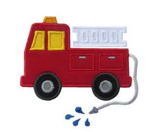 May include: Red fire truck applique with a yellow ladder and a blue water hose. The truck has a white ladder and a black hose.