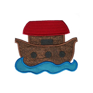 May include: A brown wooden ark with a red roof, floating on blue waves. The ark has a detailed design and three small windows.