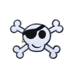 May include: Embroidered patch of a smiling skull with a black eye patch and a gold earring, crossed with two bones. The skull is white with a grey outline, and the bones are white with a grey outline. The patch is on a white background.