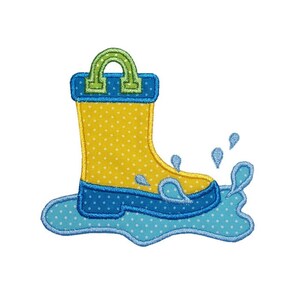 May include: Yellow rain boot with blue trim and a green handle, splashing in a blue puddle with white polka dots.