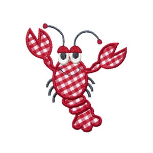 May include: A red and white gingham lobster with a smiling face and large eyes. The lobster is standing on its tail and has its claws raised.