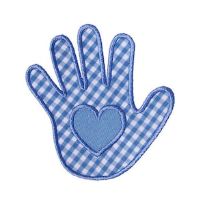 May include: A blue and white gingham hand with a blue heart in the center. The hand is outlined in blue.