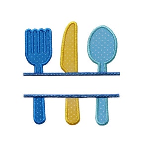 May include: A split monogram design featuring a blue fork, yellow knife, and blue spoon. The design is perfect for a kitchen or dining room.